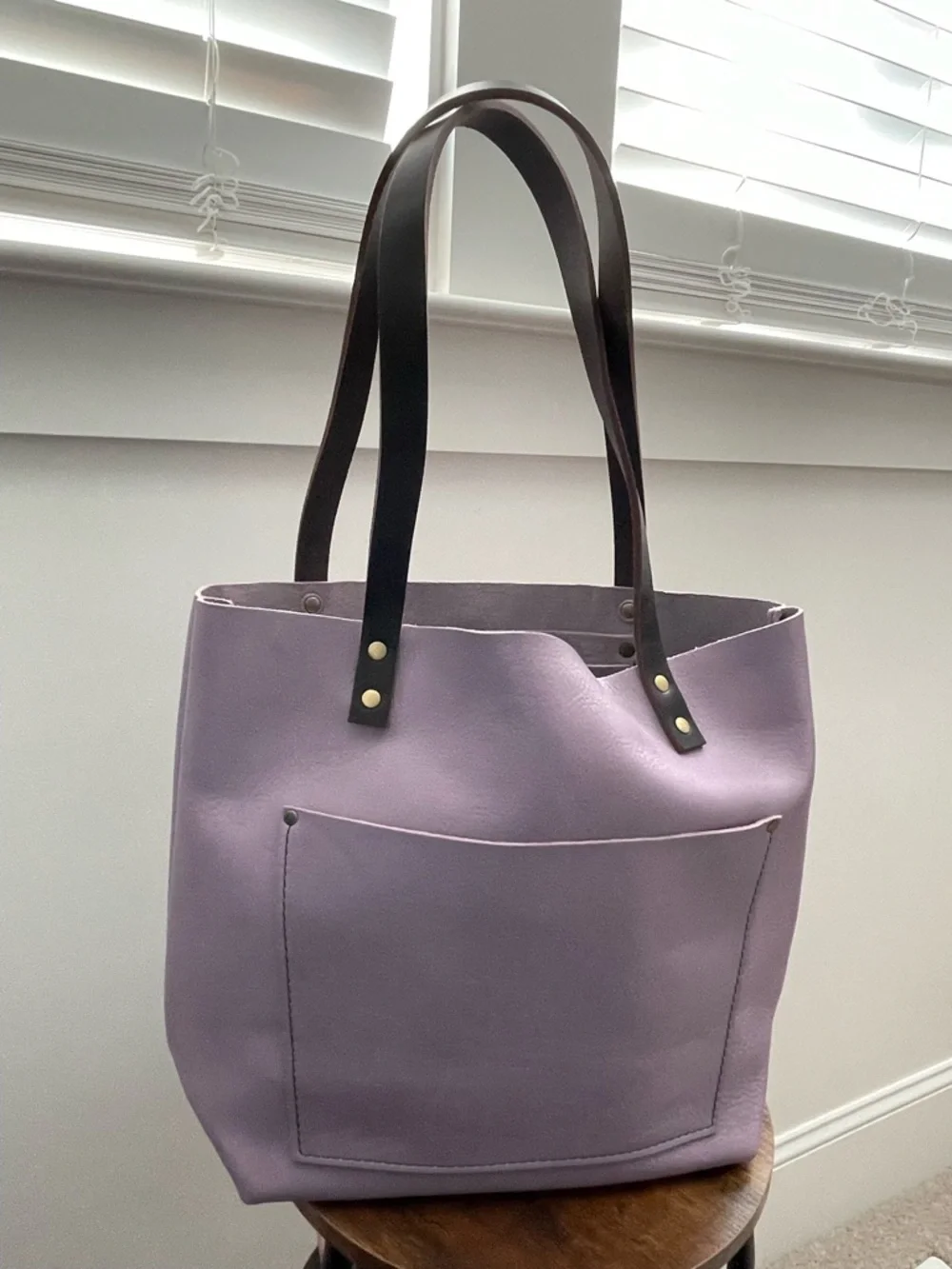 Portland Leather lavender tote with dark brown handles - Picture 1 of 6
